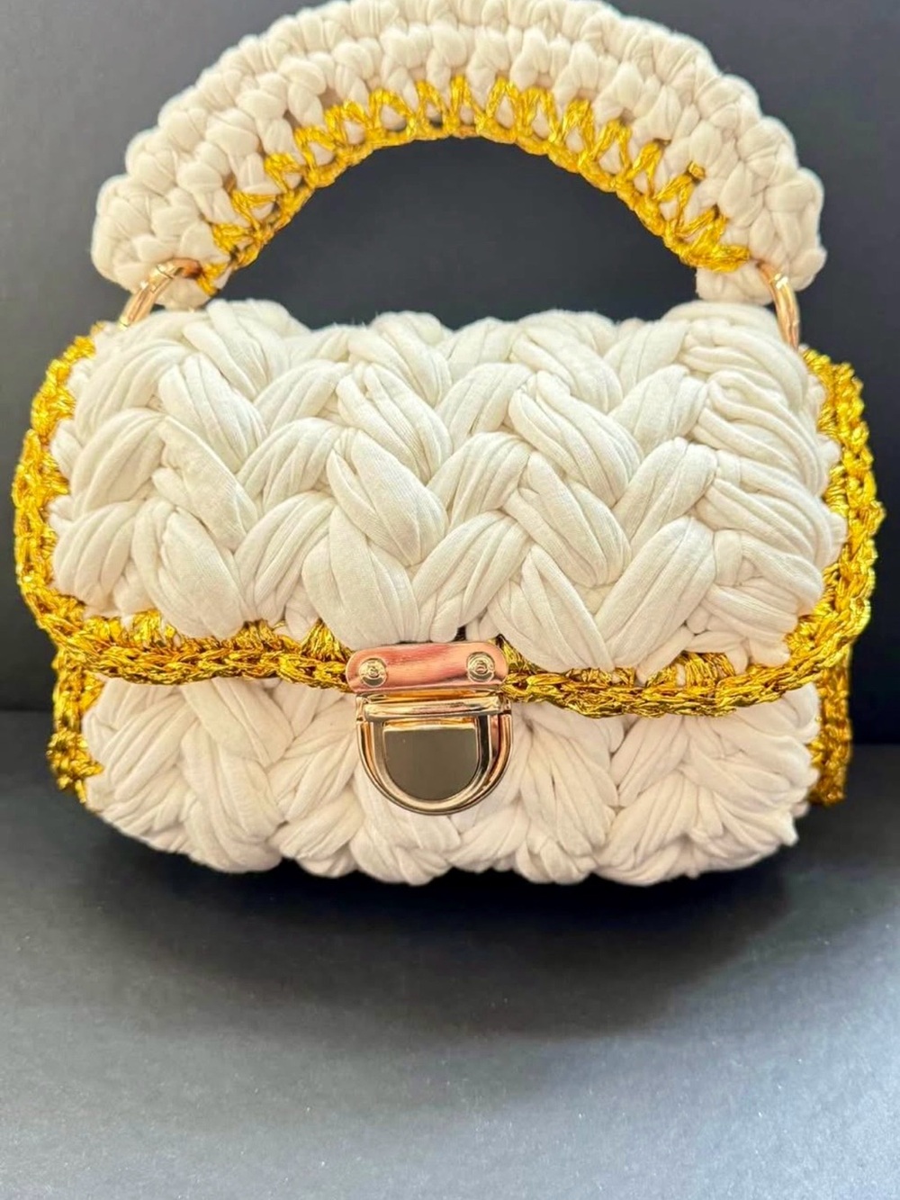 White Crochet Mini Top-Handle Bag with Gold Trim